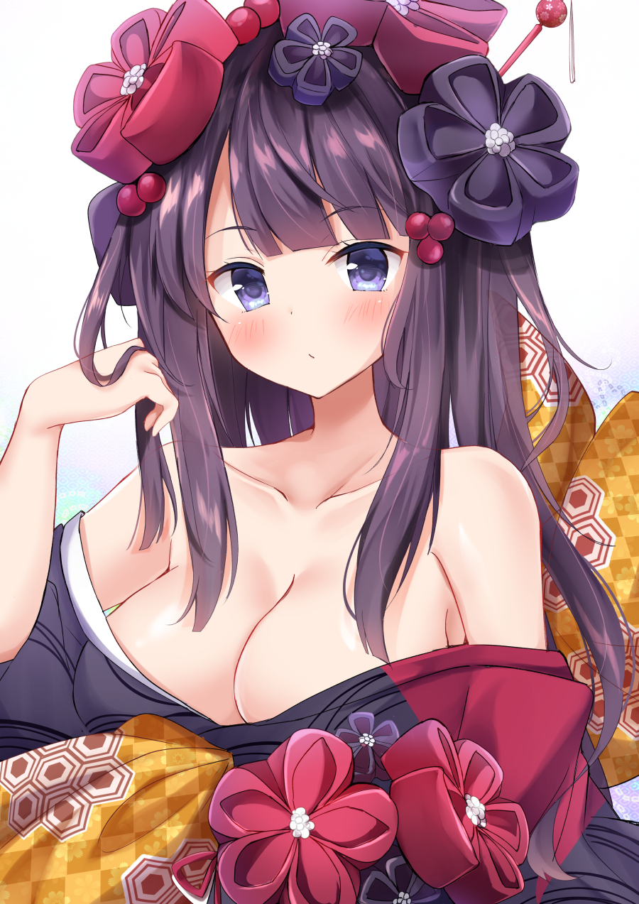 1girl :/ alternate_hair_length alternate_hairstyle bangs bare_shoulders black_kimono blunt_bangs blush bow breasts checkered_bow cleavage closed_mouth collarbone eyebrows_visible_through_hair fate/grand_order fate_(series) flower hair_bobbles hair_flower hair_ornament hair_stick hand_in_hair hand_up highres japanese_clothes katsushika_hokusai_(fate/grand_order) kimono large_breasts long_hair looking_at_viewer masayo_(gin_no_ame) obi off_shoulder open_clothes open_kimono purple_hair sash shiny shiny_hair simple_background solo tareme violet_eyes white_background yellow_bow