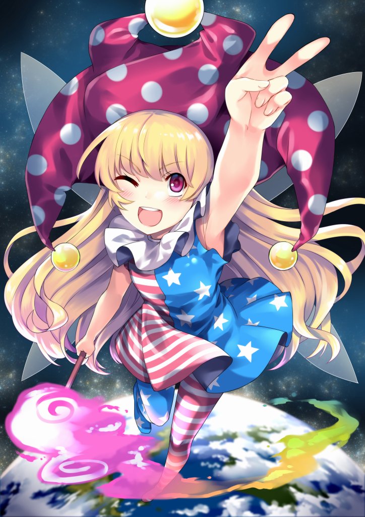 1girl american_flag_dress american_flag_legwear arm_up bangs bare_arms blonde_hair clownpiece dress earth eyebrows_visible_through_hair fairy_wings fire hat jester_cap kapuchii long_hair neck_ruff one_eye_closed open_mouth pantyhose pink_eyes pink_hat polka_dot short_dress sky sleeveless sleeveless_dress smile solo space star star_(sky) star_print starry_sky striped torch touhou very_long_hair wings