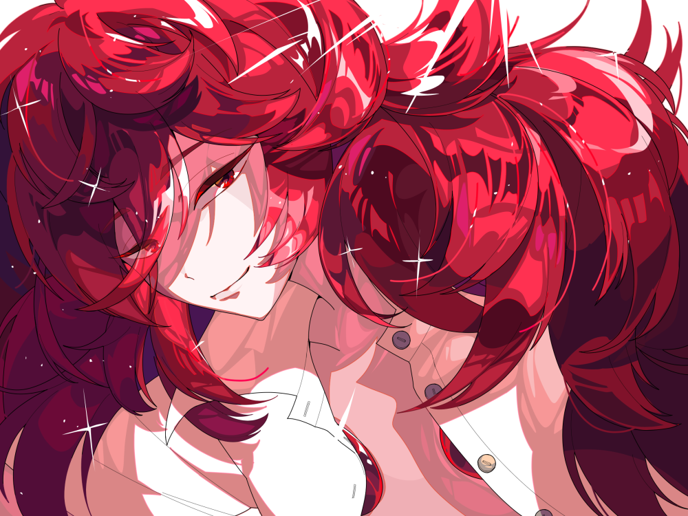 androgynous hanasaki_coa houseki_no_kuni long_hair looking_at_viewer open_clothes open_shirt padparadscha_(houseki_no_kuni) red_eyes redhead shirt smile solo sparkle wavy_hair