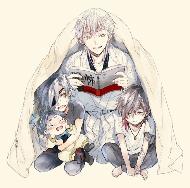 4boys baby black_gloves blue_hair blush brown_hair child closed_eyes dark_skin dark_skinned_male eyepatch feathers fujimaru_(inumog) gloves indian_style japanese_clothes multiple_boys ookurikara reading shokudaikiri_mitsutada sitting smile sweatdrop taikogane_sadamune tattoo touken_ranbu tsurumaru_kuninaga yellow_eyes