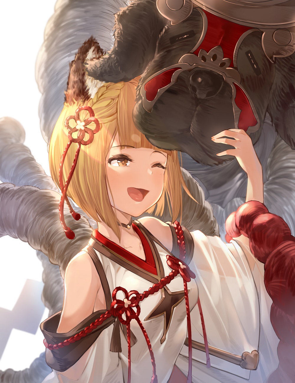 1girl ;d animal_ears bare_shoulders blonde_hair blush braid brown_eyes closed_eyes closed_mouth collarbone dog dog_ears garjana granblue_fantasy hana_mori highres one_eye_closed open_mouth rope shimenawa short_hair smile vajra_(granblue_fantasy) white_background