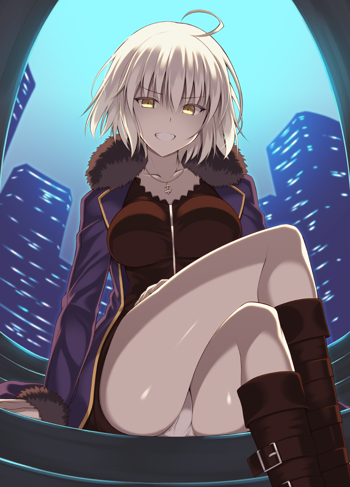 1girl :d ahoge arm_at_side bangs black_dress black_footwear blonde_hair blue_jacket blue_sky boots breasts building cityscape collarbone dress eyebrows_visible_through_hair fate/grand_order fate_(series) feet_out_of_frame fisheye fur-trimmed_jacket fur-trimmed_sleeves fur_trim grey_panties grin hand_on_own_thigh jacket jeanne_d'arc_(alter)_(fate) jeanne_d'arc_(fate)_(all) jewelry knee_boots large_breasts legs_crossed long_hair long_sleeves looking_at_viewer looking_down_at_viewer necklace oota_yuuichi open_clothes open_jacket open_mouth panties pantyshot pantyshot_(sitting) pendant shiny shiny_skin short_dress short_hair sitting sky smile solo teeth thighs underwear upskirt window yellow_eyes