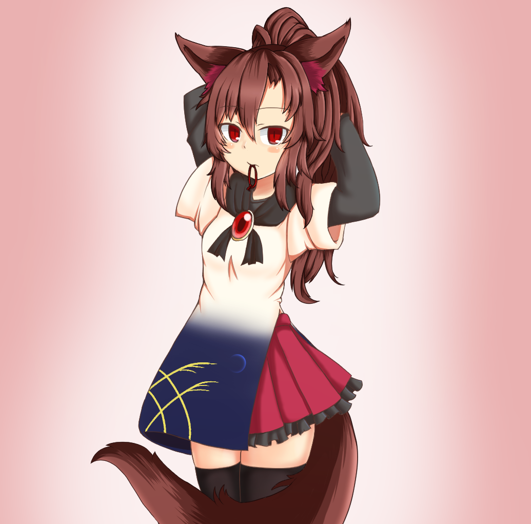 1girl adapted_costume adjusting_hair brown_hair commentary_request frilled_skirt frills haruirokomici imaizumi_kagerou long_hair long_sleeves moon_print mouth_hold red_eyes shirt short_sleeves skirt speech_bubble tail thigh-highs touhou wheat_print wolf_tail zettai_ryouiki