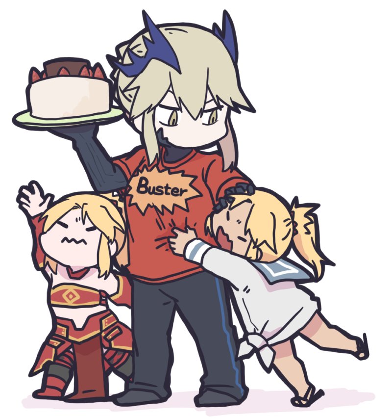 3girls artoria_pendragon_(all) artoria_pendragon_(lancer_alter) bare_shoulders betchan black_gloves blonde_hair cake closed_eyes clothes_writing commentary_request dual_persona english fate/grand_order fate_(series) food gloves hand_on_another's_head holding holding_plate horns midriff mordred_(fate) mordred_(fate)_(all) mordred_(swimsuit_rider)_(fate) mother_and_daughter multiple_girls plate ponytail reaching red_shirt sandals shirt t-shirt tan white_background yellow_eyes younger