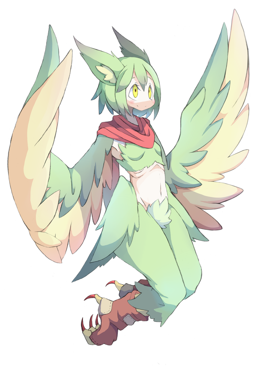 1girl 4139 animal_ears blush breasts claws feathered_wings feathers green_feathers green_hair harpy highres midriff monster_girl navel original pointy_ears scarf simple_background small_breasts smile solo tail_feathers talons winged_arms wings yellow_eyes yellow_feathers