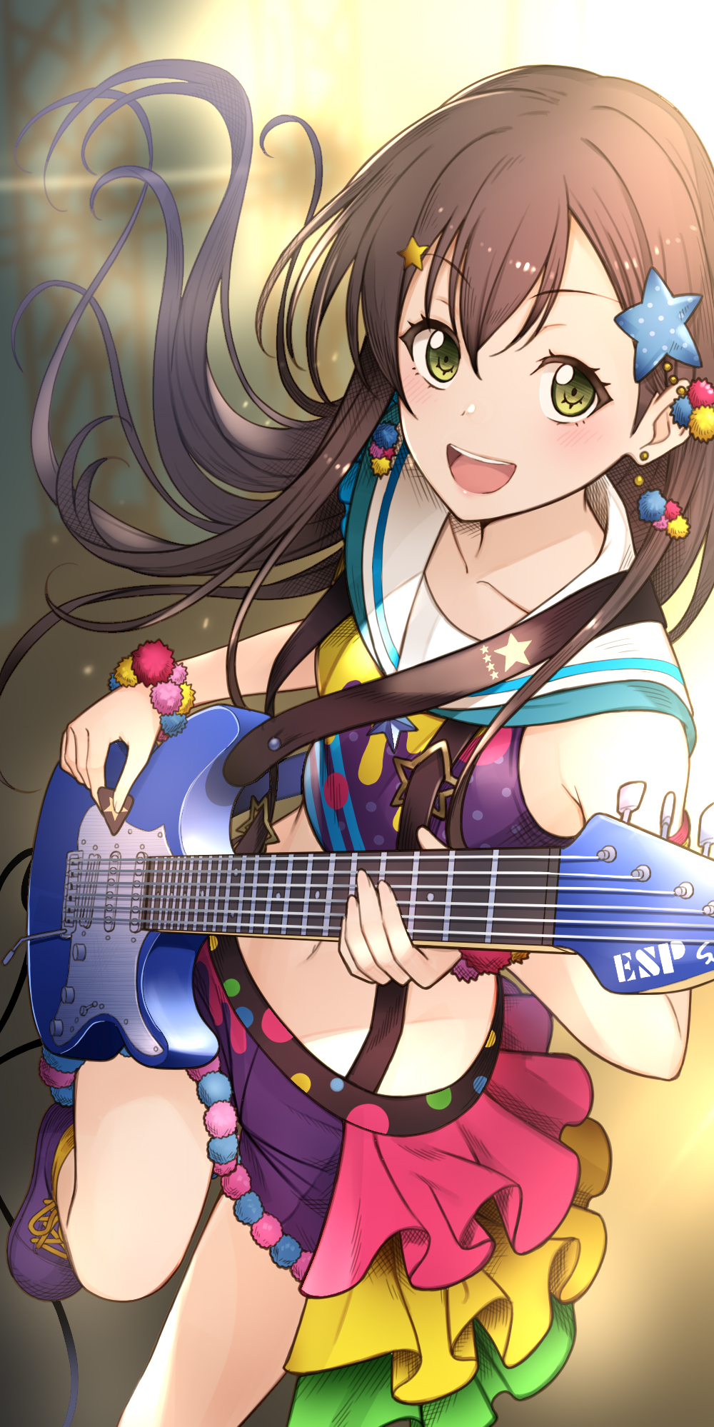 1girl :d bang_dream! bangs brown_hair cable crop_top electric_guitar green_eyes guitar hair_ornament hanazono_tae highres holding holding_instrument instrument keita_(kta0) long_hair looking_at_viewer midriff music navel open_mouth playing_instrument plectrum pom_pom_earrings purple_footwear sailor_collar shoes skirt smile sneakers solo star star_hair_ornament suspender_skirt suspenders wristband