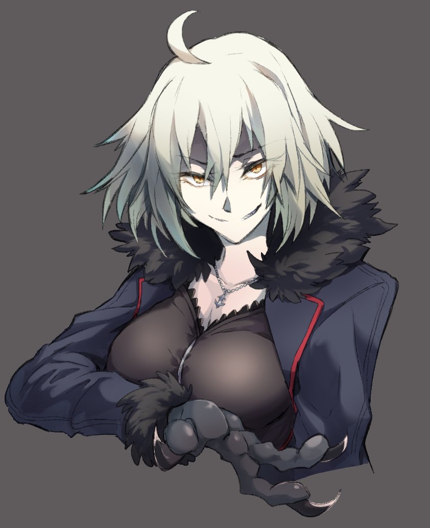 1girl ahoge bangs blonde_hair breasts cleavage coat collarbone eyebrows eyebrows_visible_through_hair eyelashes eyes_visible_through_hair fate/grand_order fate_(series) fur_collar fur_trim grey_background grin hair_between_eyes jeanne_d'arc_(alter)_(fate) jeanne_d'arc_(fate)_(all) jewelry long_sleeves medium_breasts necklace open_clothes open_coat orange_eyes platinum_blonde purple_coat sharp_teeth short_hair simple_background smile solo takatsuki_nato teeth tsurime upper_body white_skin
