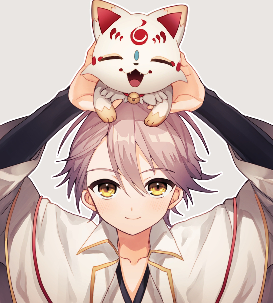 ^_^ abandon_ranka androgynous animal animal_on_head cape closed_eyes fangs fox katsugeki/touken_ranbu konnosuke on_head open_mouth saniwa_(katsugeki/touken_ranbu) saniwa_(touken_ranbu) smile touken_ranbu white_hair yellow_eyes