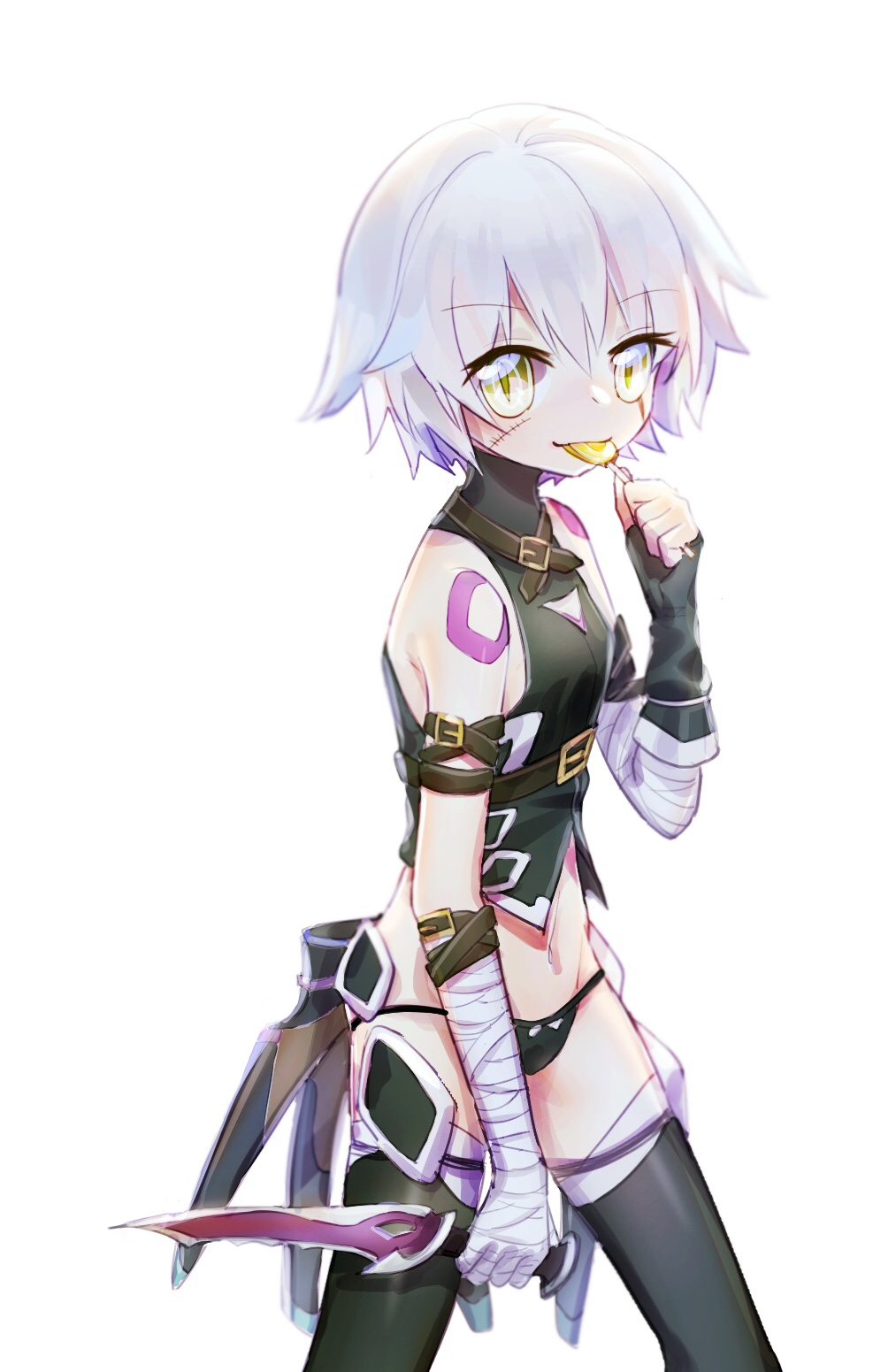 1girl arm_belt bandage bandaged_arm belt_buckle black_panties buckle candy dagger fate/apocrypha fate/grand_order fate_(series) food food_in_mouth fox_(770205490) gloves green_eyes highres holding holding_knife jack_the_ripper_(fate/apocrypha) knife lollipop lowleg lowleg_panties panties reverse_grip scar scar_across_eye scar_on_cheek shoulder_tattoo silver_hair simple_background single_glove solo tattoo underwear weapon white_background white_hair