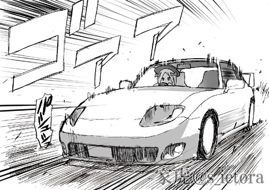 1girl abigail_williams_(fate/grand_order) car driving fate/grand_order fate_(series) greyscale ground_vehicle hair_ribbon hat ietora monochrome motor_vehicle ribbon solo speed_lines twitter_username watermark wheel