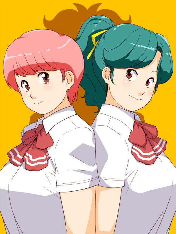 2girls ganto high_school!_kimengumi kawa_yui multiple_girls pink_hair school_uniform uru_chie