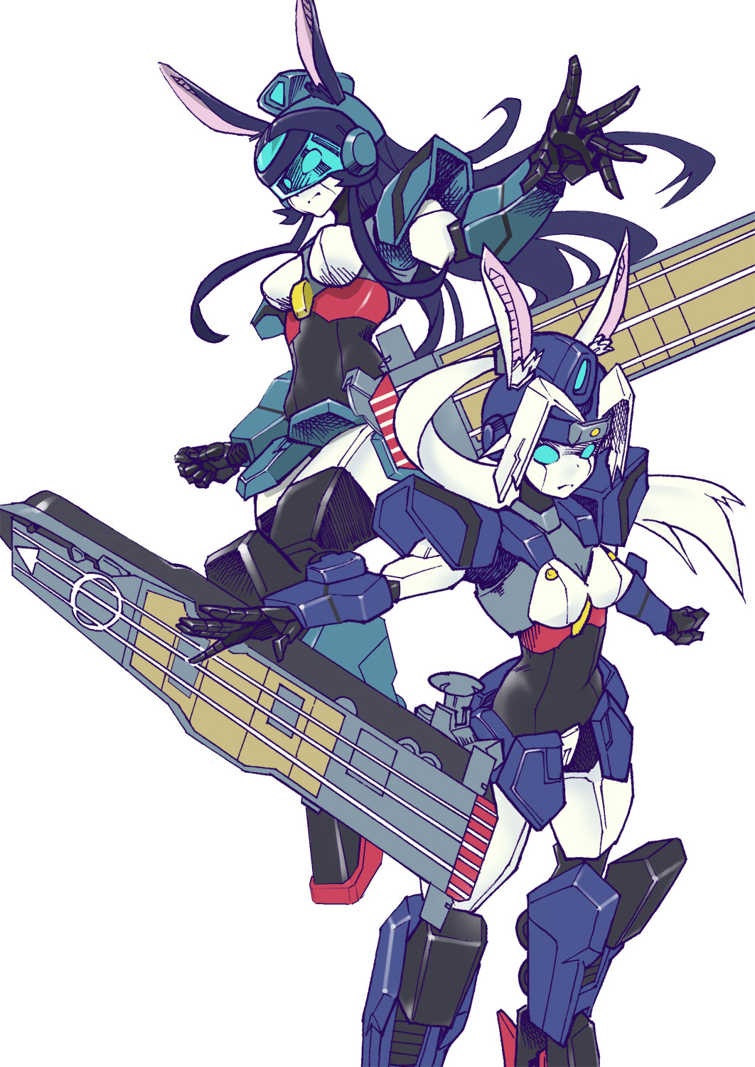 2girls animal_ears anryuu aqua_eyes azur_lane flight_deck highres hiryuu_(azur_lane) kouryuu_(gaogaigar) long_hair mecha mechanization multiple_girls purple_hair rabbit_ears simple_background souryuu_(azur_lane) standing susanowokoujin visor white_background white_hair yuusha_ou_gaogaigar_final yuusha_series