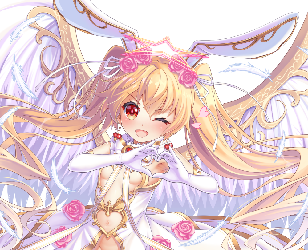 1girl ;d animal_ears bettle_(b_s_a_n) blonde_hair blush breasts bridal_gauntlets character_request earrings flower hair_flower hair_ornament heart heart_earrings heart_hands jewelry long_hair looking_at_viewer navel one_eye_closed open_mouth rabbit_ears revealing_clothes rose sennen_sensou_aigis skirt small_breasts smile solo standing star_halo twintails white_feathers white_skirt white_wings wings