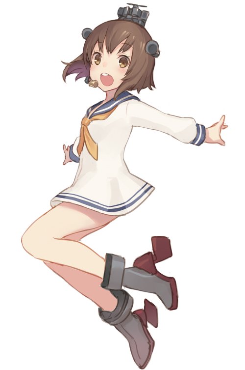 1girl :d ankle_boots bangs blue_sailor_collar blush boots brown_eyes brown_hair commentary_request dress eyebrows_visible_through_hair full_body grey_footwear headgear high_heel_boots high_heels jumping kantai_collection keemu_(occhoko-cho) long_sleeves looking_at_viewer neckerchief open_mouth sailor_collar sailor_dress short_hair simple_background smile solo speaking_tube_headset white_background yellow_neckwear yukikaze_(kantai_collection)