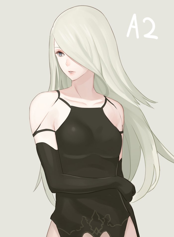 1girl black_bodysuit bodysuit breasts character_name commentary_request elbow_gloves gloves grey_background grey_eyes keemu_(occhoko-cho) large_breasts long_hair nier_(series) nier_automata parted_lips silver_hair simple_background solo upper_body yorha_type_a_no._2