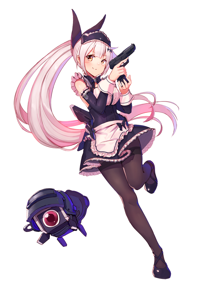 1girl alternate_costume apron bangs bare_shoulders black_footwear black_legwear blush bow breasts brown_eyes buttons choker cleavage closed_mouth collarbone detached_sleeves enmaided eyebrows_visible_through_hair five-seven_(girls_frontline) five-seven_(gun) floating_hair frilled_apron frilled_armband frilled_choker frilled_skirt frilled_sleeves frills girls_frontline gun hair_ornament hair_ribbon hairclip handgun headdress highres holding holding_gun holding_weapon jewelry large_breasts long_hair looking_at_viewer magazine_(weapon) maid maid_apron maid_headdress mid-stride neck_bow pantyhose pistol ponytail ranyu reloading ribbon running shoes sidelocks silver_hair simple_background skirt sleeve_cuffs smile solo thighband_pantyhose trigger_discipline very_long_hair weapon