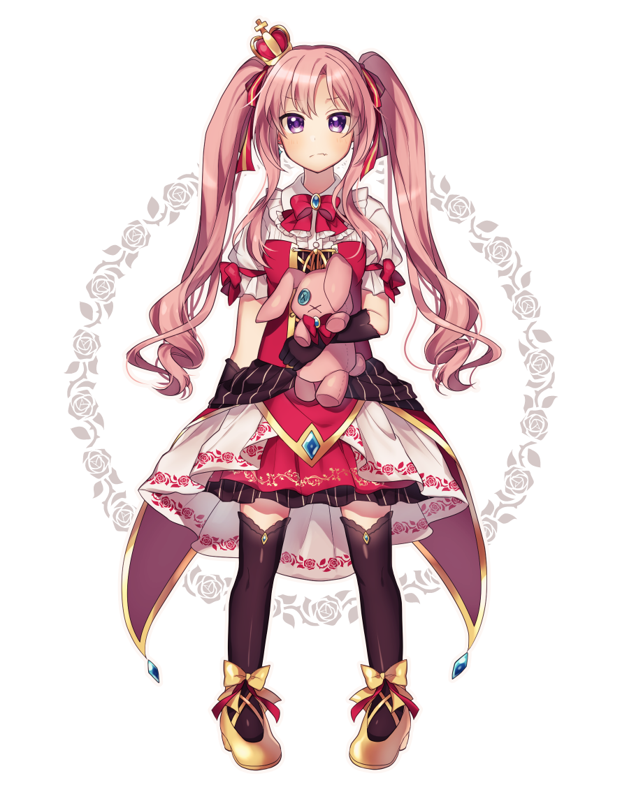 1girl arm_at_side black_gloves black_legwear bow crown dress frown gloves hair_bow holding holding_stuffed_animal looking_at_viewer minamiya_mia original pink_hair red_bow standing stuffed_animal stuffed_bunny stuffed_toy thigh-highs twintails violet_eyes yellow_footwear