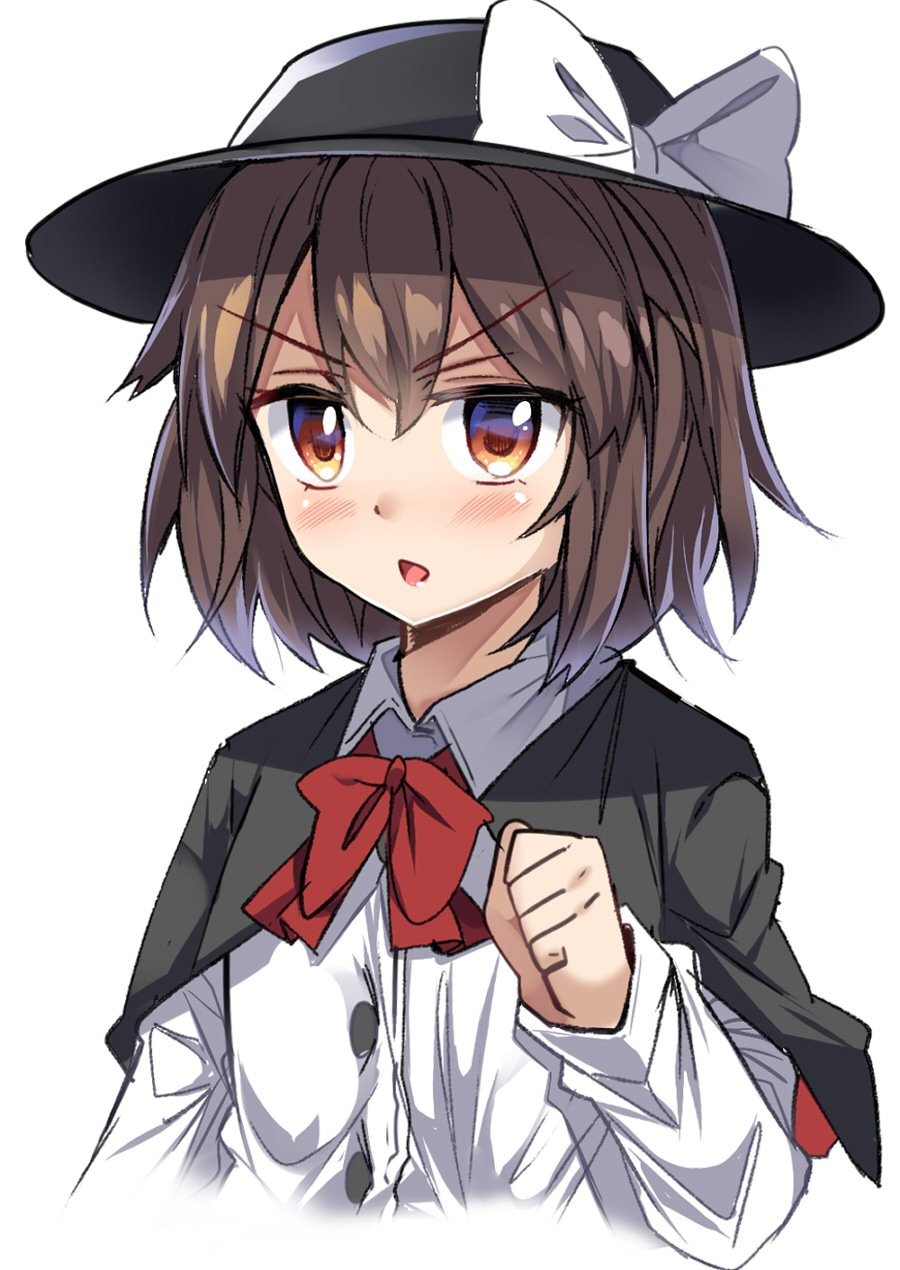 1girl blush bow brown_eyes brown_hair capelet e.o. eyebrows_visible_through_hair fedora hat hat_bow highres long_sleeves parted_lips red_neckwear shirt short_hair solo touhou upper_body usami_renko v-shaped_eyebrows white_shirt