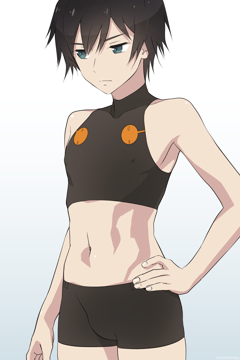 1boy black_hair cowboy_shot crop_top darling_in_the_franxx fmttps gradient gradient_background green_eyes hand_on_hip highres hiro_(darling_in_the_franxx) looking_away male_focus midriff navel shorts simple_background solo