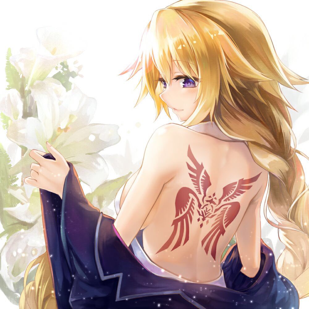 1girl back back_tattoo bare_shoulders blonde_hair braid breasts command_spell eyebrows_visible_through_hair fate/apocrypha fate/grand_order fate_(series) flower jacket jeanne_d'arc_(fate) jeanne_d'arc_(fate)_(all) kito_(kito2) long_hair sideboob single_braid smile solo tattoo very_long_hair violet_eyes