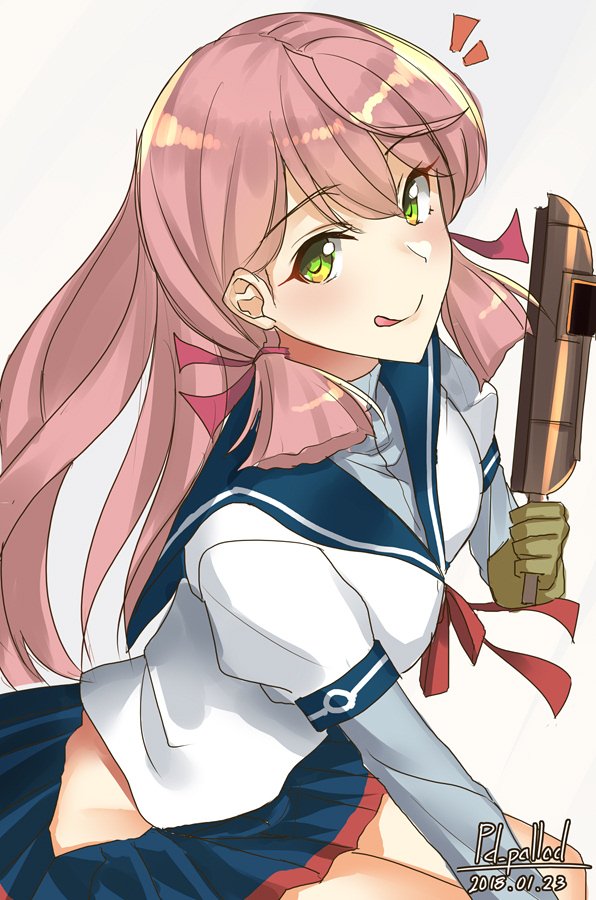 1girl akashi_(kantai_collection) blue_sailor_collar blue_skirt cowboy_shot gloves green_eyes hair_ribbon hip_vent kantai_collection long_hair long_sleeves looking_at_viewer pallad pink_hair pleated_skirt ribbon sailor_collar school_uniform serafuku skirt solo tongue tongue_out tress_ribbon welding_mask