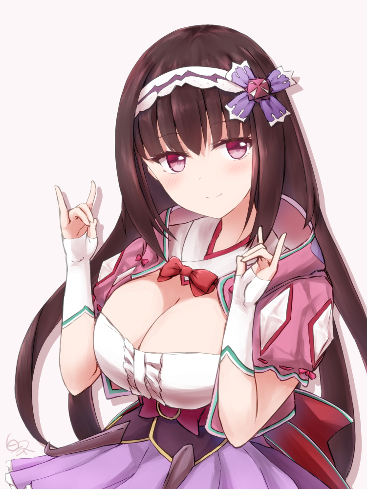 1girl black_hair blush breasts cleavage closed_mouth fate/grand_order fate_(series) fox_shadow_puppet hairband large_breasts long_hair looking_at_viewer low_twintails osakabe-hime_(fate/grand_order) shirazawa signature skirt smile solo twintails violet_eyes