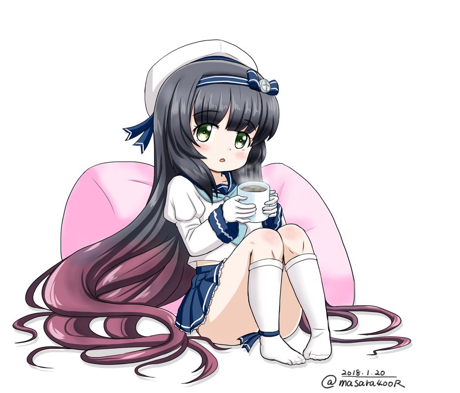 1girl black_hair blue_neckwear blue_ribbon blue_skirt commentary_request cup dated full_body gloves gradient_hair green_eyes hat kantai_collection kneehighs long_hair long_sleeves looking_at_viewer masara_(masalucky2010) matsuwa_(kantai_collection) mug multicolored_hair neckerchief pillow pink_hair pleated_skirt ribbon sailor_hat school_uniform serafuku simple_background skirt solo steam twitter_username white_background white_gloves white_hat white_legwear