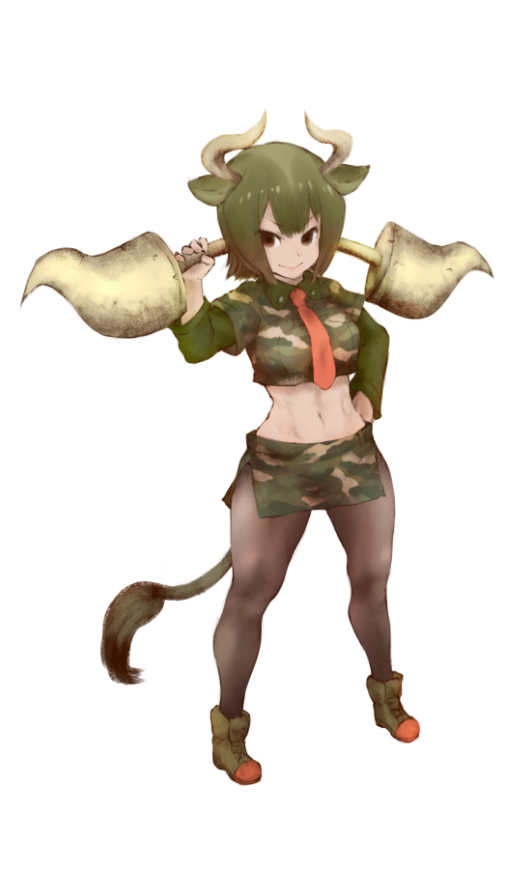 1girl animal_ears ankle_boots aurochs_(kemono_friends) bangs black_skirt boots breasts brown_eyes camouflage closed_mouth cow_ears cow_horns cow_tail crop_top empty_eyes eyebrows facing_away full_body green_footwear green_hair green_shirt green_skirt hand_on_hip holding holding_weapon horns ise_(0425) kemono_friends legs_apart long_sleeves medium_breasts miniskirt navel necktie pantyhose red_neckwear shirt short_hair short_sleeves side_slit simple_background skirt smile solo stomach tail toned v-shaped_eyebrows weapon white_background