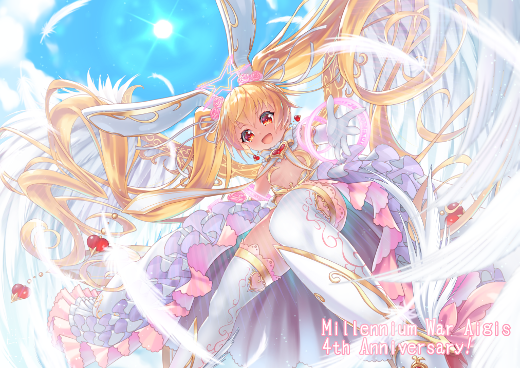 1girl animal_ears anniversary bettle_(b_s_a_n) blonde_hair blue_sky breasts bridal_gauntlets character_request copyright_name day dress earrings flower hair_flower hair_ornament heart heart_earrings jewelry long_hair looking_at_viewer magic rabbit_ears ribbon sennen_sensou_aigis shoes skirt sky small_breasts solo standing sun twintails very_long_hair white_dress white_feathers white_legwear white_ribbon white_skirt white_wings winged_shoes wings