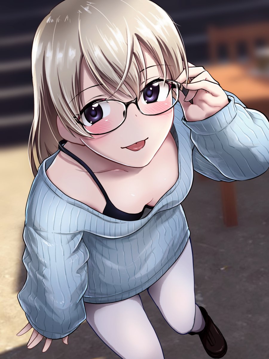 1girl adjusting_eyewear black-framed_eyewear blonde_hair bra breasts cleavage downblouse eila_ilmatar_juutilainen glasses highres hora_liar off_shoulder ribbed_sweater small_breasts solo strap_gap strike_witches sweater underwear violet_eyes world_witches_series