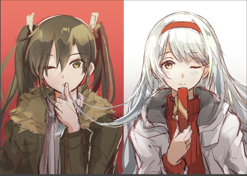 2girls brown_eyes coat green_coat green_hair hairband kantai_collection long_hair looking_at_viewer multiple_girls one_eye_closed red_hairband red_sweater ribbed_sweater shoukaku_(kantai_collection) silver_hair smile sweater tendou_itsuki twintails upper_body white_coat white_sweater zuikaku_(kantai_collection)