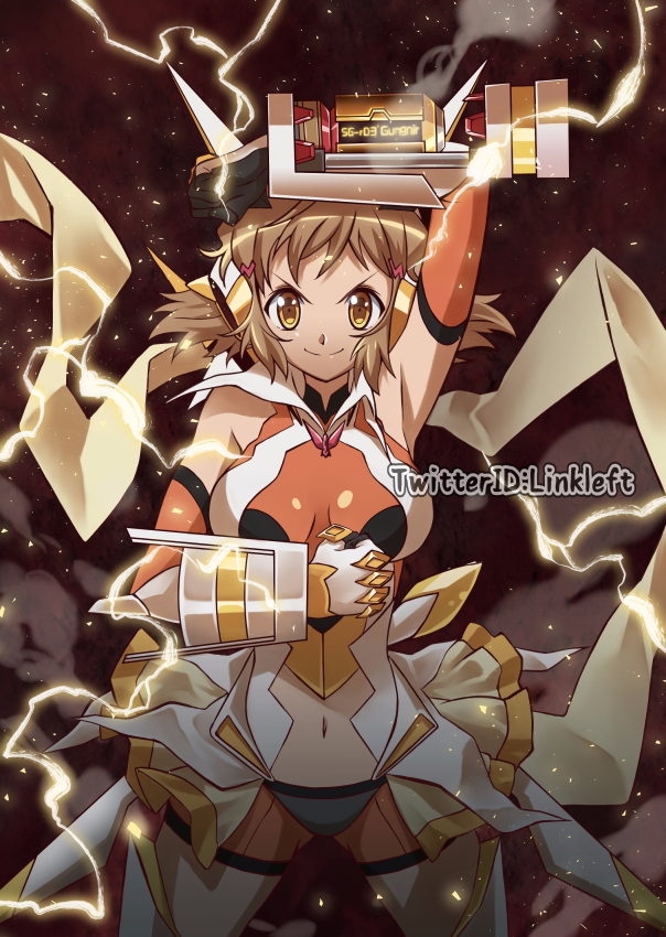 1girl clenched_hand cowboy_shot electricity hair_ornament hairclip light_brown_hair link_(aa30) navel_cutout orange_eyes scarf senki_zesshou_symphogear short_hair smile steam tachibana_hibiki_(symphogear) twitter_username