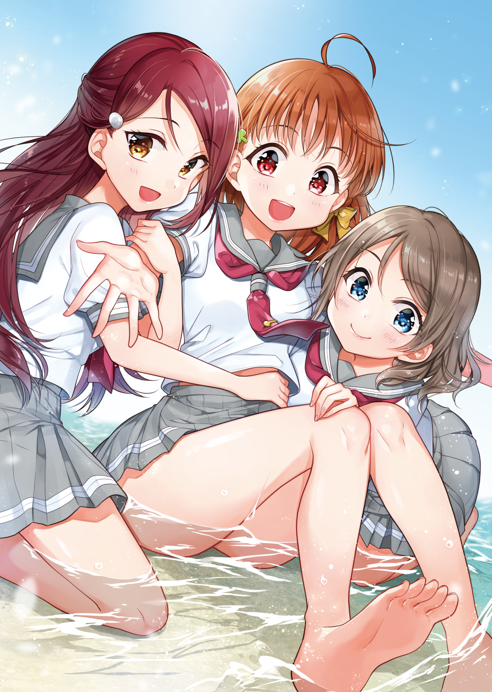 3girls :d ahoge arm_hug bangs barefoot blue_eyes bow braid brown_eyes cover cover_page grey_hair grey_skirt hair_bow hair_ornament hairclip half_updo hand_on_another's_knee hand_on_another's_stomach highres long_hair looking_at_viewer love_live! love_live!_sunshine!! miniskirt multiple_girls neckerchief open_mouth orange_hair outstretched_arm pleated_skirt red_eyes red_neckwear redhead sakurauchi_riko school_uniform serafuku short_hair short_sleeves side_braid sitting skirt smile takami_chika tie_clip watanabe_you water yellow_bow yukiko_(tesseract)