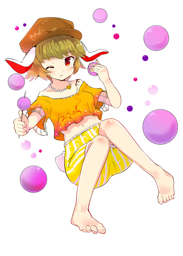 1girl animal_ears bare_legs bare_shoulders barefoot blonde_hair brown_hat closed_mouth dango eating food full_body hat holding jewelry looking_at_viewer midriff necklace one_eye_closed orange_shirt pearl_necklace puuakachan rabbit_ears red_eyes ringo_(touhou) shirt short_sleeves shorts smile solo touhou wagashi yellow_shorts