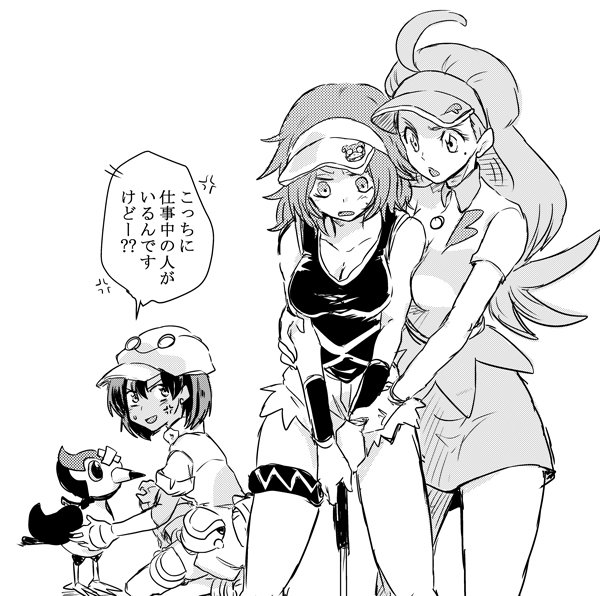 3girls aether_foundation_employee ahoge bandaid bandaid_on_face bare_shoulders blush breasts cleavage commentary_request elbow_gloves gloves golf_club greyscale jealous kahili_(pokemon) long_hair looking_at_another looking_down mole mole_under_eye monochrome multiple_girls open_mouth pikipek pokemon pokemon_(creature) pokemon_(game) pokemon_sm short_hair short_sleeves shorts sleeveless slowpoke team_skull_grunt torn_clothes torn_shorts translation_request unya visor_cap white_background