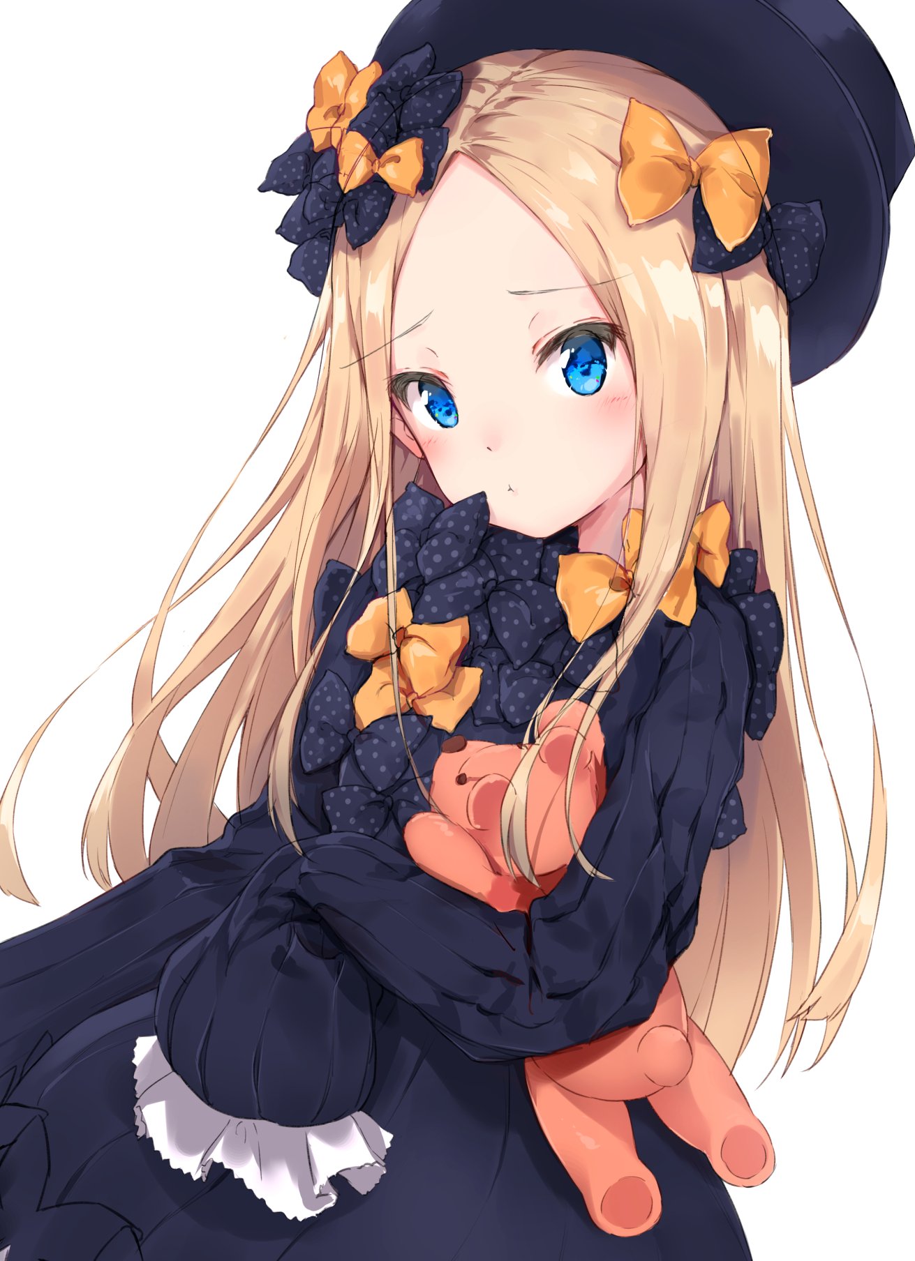 1girl :t abigail_williams_(fate/grand_order) bangs black_bow black_dress black_hat blonde_hair blue_eyes blush bow butterfly closed_mouth dress eyebrows_visible_through_hair fate/grand_order fate_(series) forehead hair_bow hat head_tilt highres long_hair long_sleeves looking_at_viewer minikon object_hug orange_bow parted_bangs polka_dot polka_dot_bow pout simple_background sleeves_past_fingers sleeves_past_wrists solo stuffed_animal stuffed_toy teddy_bear very_long_hair white_background