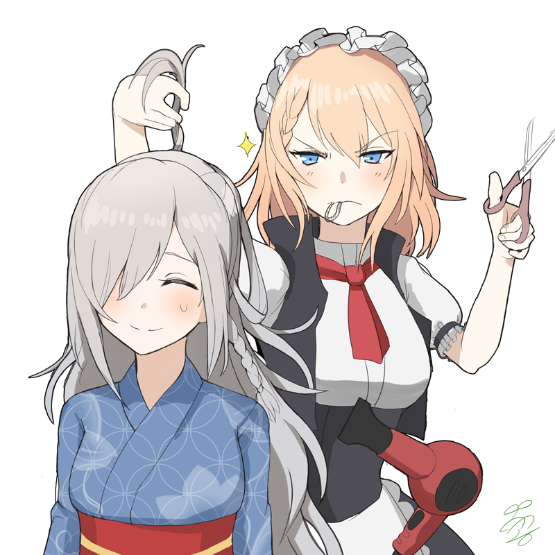 2girls alternate_costume apron bangs blonde_hair blue_eyes blue_kimono blush braid breasts closed_eyes closed_mouth eyebrows_visible_through_hair g36_(girls_frontline) g36c_(girls_frontline) girls_frontline hair_between_eyes hair_dryer hair_over_one_eye hair_tie_in_mouth half-closed_eyes holding_another's_hair holding_scissors jacket japanese_clothes kimono kong_(ksw2801) long_hair looking_at_another maid maid_apron maid_headdress medium_breasts mouth_hold multiple_girls necktie obi red_neckwear sash scissors shirt side_braid sidelocks signature silver_hair simple_background smile sparkle sweatdrop tsurime very_long_hair white_background white_shirt