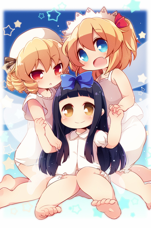 3girls :d barefoot black_hair blonde_hair blue_eyes bow commentary_request drill_hair fairy_wings fang hair_bow hand_holding hat headdress kneeling long_hair looking_at_viewer luna_child matatabi_(nigatsu) multiple_girls open_mouth pajamas red_eyes short_hair sitting smile star star_sapphire sunny_milk touhou wings