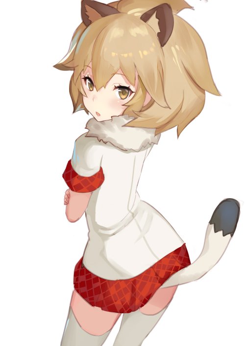 1girl :o animal_ears big_hair blonde_hair blush commentary_request cowboy_shot crossed_arms eyebrows_visible_through_hair from_behind fur_collar keemu_(occhoko-cho) kemono_friends lion_(kemono_friends) lion_ears lion_tail looking_at_viewer looking_back pleated_skirt red_skirt short_sleeves simple_background skirt solo standing tail tail_raised thigh-highs white_background white_legwear yellow_eyes