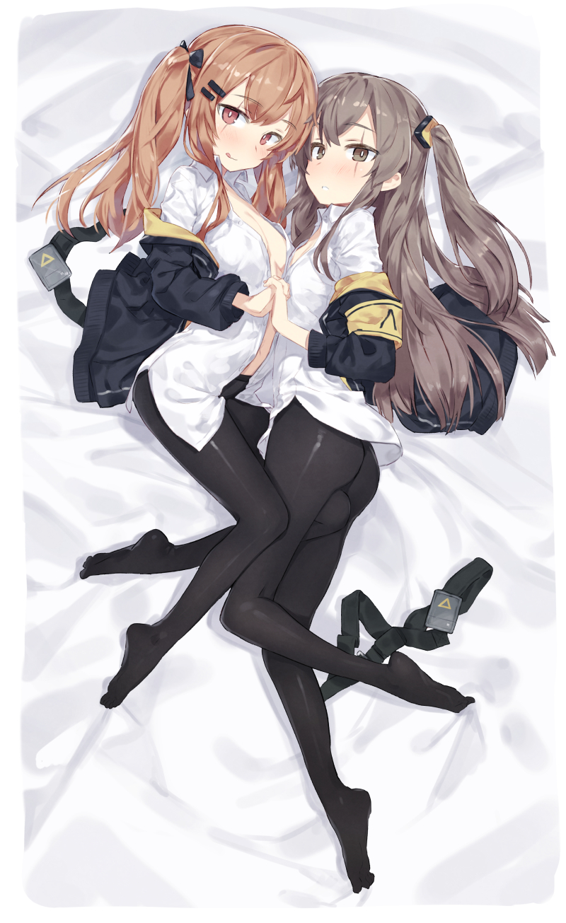 2girls :o :q armband ass bed_sheet between_legs black_legwear blush breasts bright_pupils brown_eyes brown_hair collared_shirt dress_shirt facial_scar from_above full_body girls_frontline hair_ornament hairclip hand_holding highres interlocked_fingers jacket kylin long_hair long_sleeves looking_at_viewer looking_to_the_side lying multiple_girls naughty_face no_bra no_shoes nose_blush off_shoulder on_side one_side_up open_clothes open_jacket open_shirt orange_hair pantyhose parted_lips red_eyes scar scar_across_eye shiny shiny_clothes shiny_hair shirt small_breasts tongue tongue_out twintails ump45_(girls_frontline) ump9_(girls_frontline) white_shirt wing_collar yuri