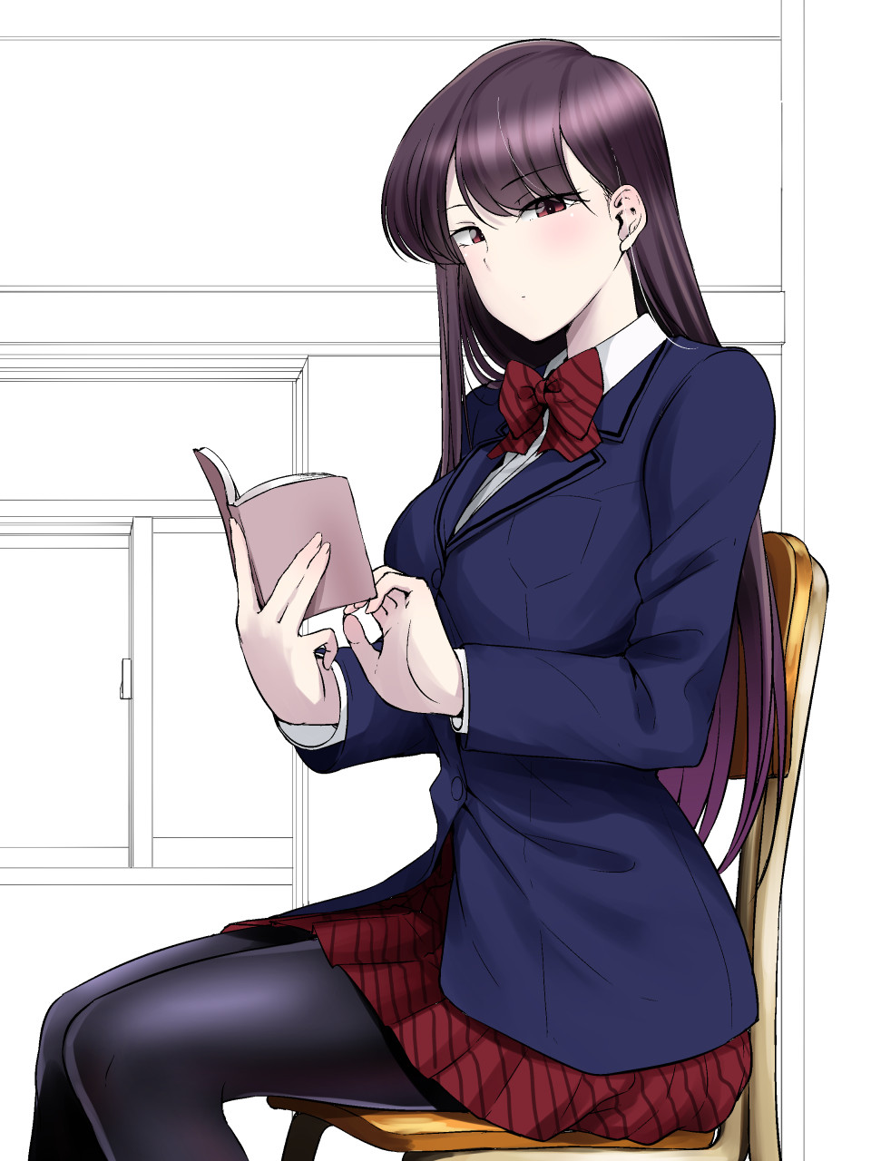 1girl black_eyes black_legwear blazer book bow bowtie breasts highres hisakabe_oune holding holding_book jacket komi-san_wa_komyusho_desu komi_shouko long_hair looking_at_viewer medium_breasts pantyhose school_uniform sitting sketch solo