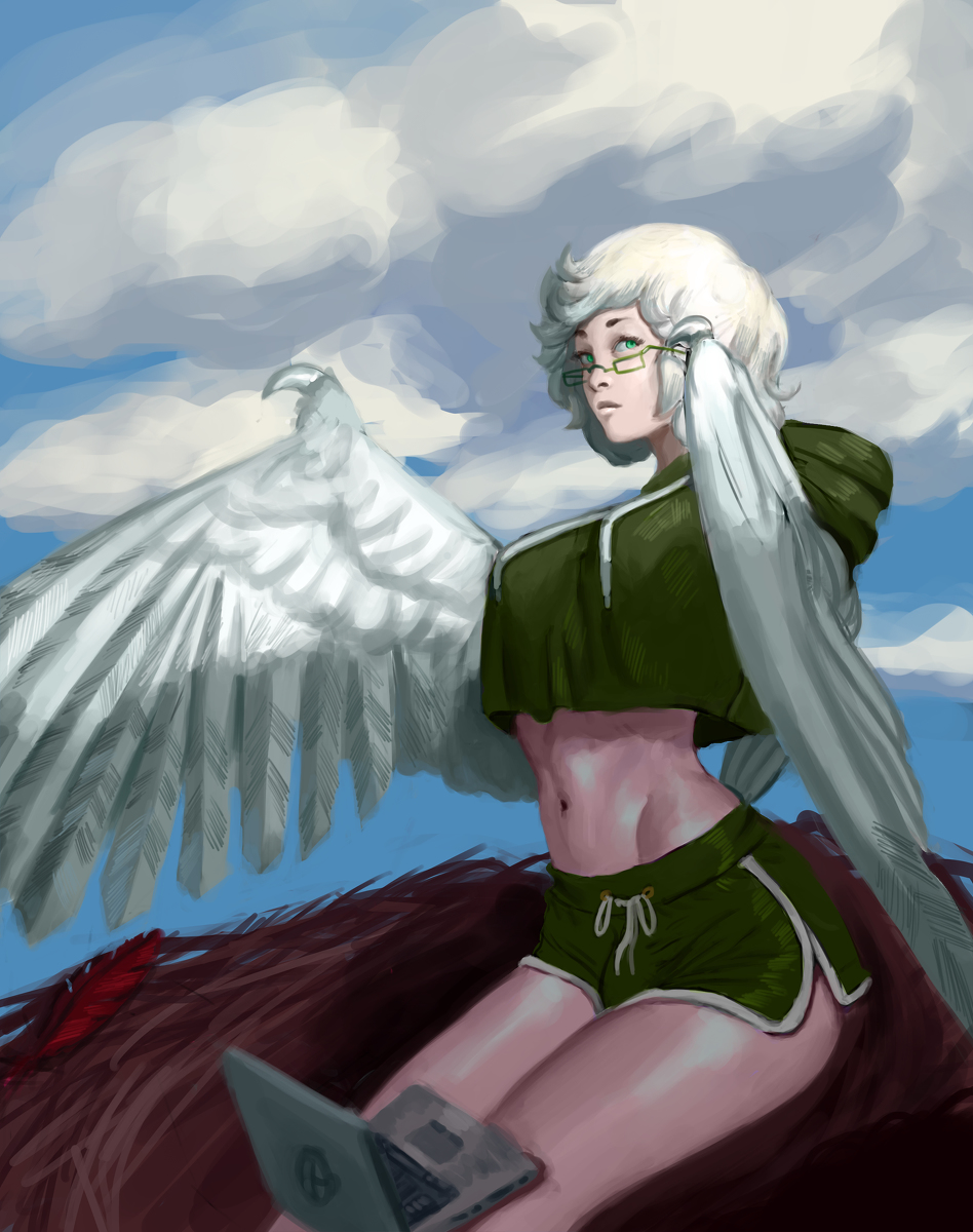 1girl aqua_eyes breasts bulge claws clouds computer feathered_wings feathers glasses harpy highres hood hoodie laptop midriff monster_girl navel nest original rhydwyn sitting sky solo white_feathers white_hair winged_arms wings