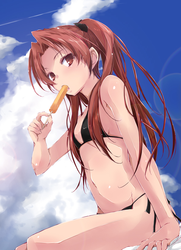 1girl bangs bare_arms bare_shoulders bikini black_bikini black_ribbon blue_sky blush breasts brown_eyes brown_hair clouds condensation_trail cowboy_shot day dutch_angle eating flat_chest food from_side girls_und_panzer hair_ribbon holding holding_food kadotani_anzu lens_flare long_hair looking_to_the_side outdoors parted_bangs popsicle ribbon shiny shiny_skin side-tie_bikini sitting sky small_breasts solo swimsuit thighs twintails yumesato_makura