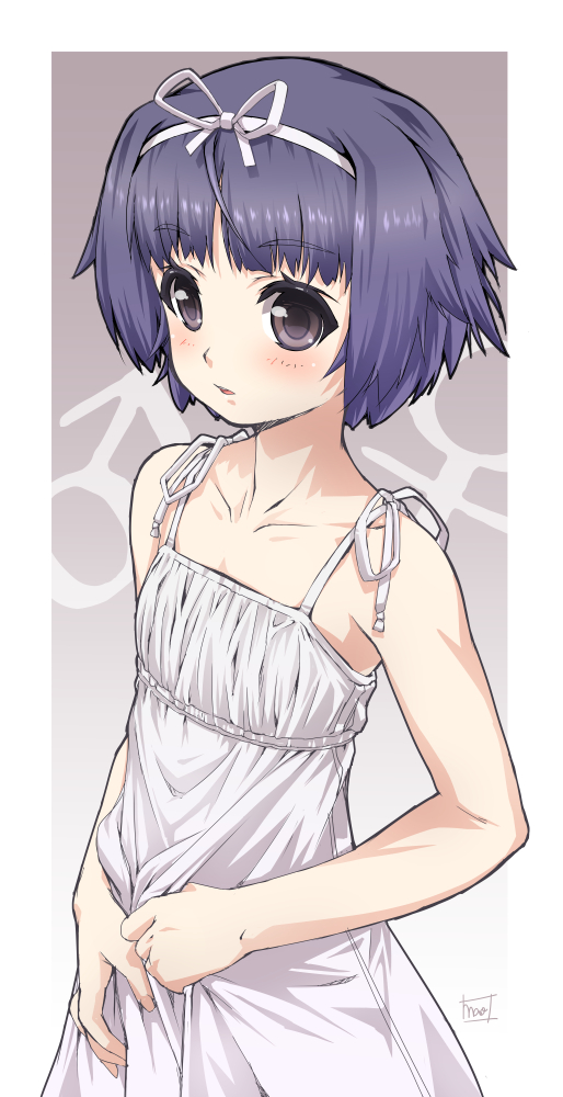 1boy bangs bare_arms bare_shoulders brown_eyes collarbone dress eyebrows_visible_through_hair gradient gradient_background grey_background hairband looking_at_viewer male_focus mao_(6r) mars_symbol original parted_lips purple_hair shiny shiny_hair short_hair signature sleeveless sleeveless_dress sundress tareme trap upper_body venus_symbol white_hairband