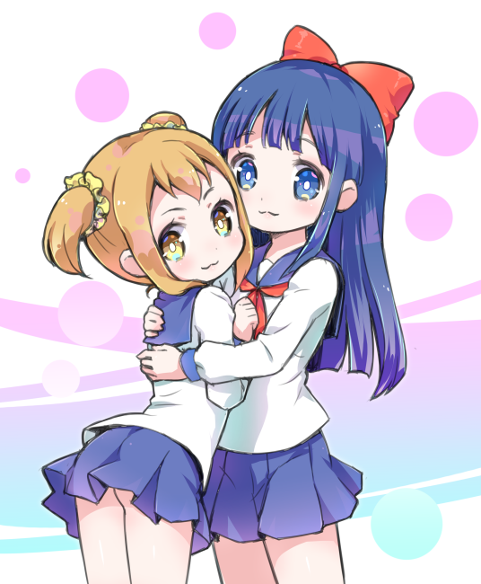 2girls :3 amimi blue_eyes blue_hair bow hair_bow hug light_brown_hair long_hair looking_at_viewer multiple_girls pipimi poptepipic popuko school_uniform serafuku short_hair sidelocks simple_background twintails yellow_eyes