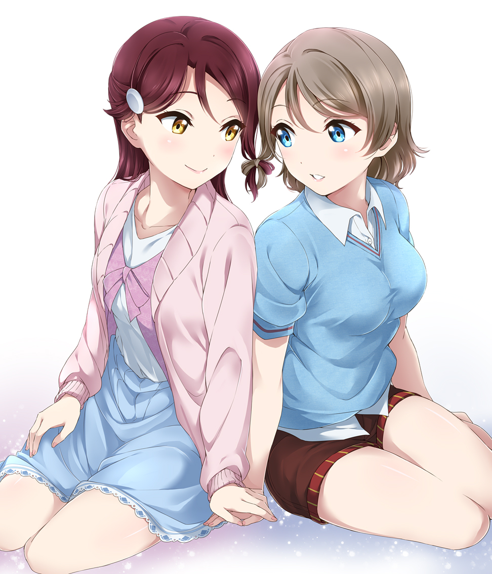 2girls blue_eyes blue_shirt bow_by_hair brown_eyes brown_shorts cardigan cover cover_page doujin_cover grey_hair grin hair_ornament hairclip half_updo hand_on_another's_hand intertwined_hair long_hair long_sleeves looking_at_another love_live! love_live!_sunshine!! multiple_girls pink_cardigan redhead sakurauchi_riko shirt short_hair short_sleeves shorts sitting smile surfing_orange watanabe_you yokozuwari yuri