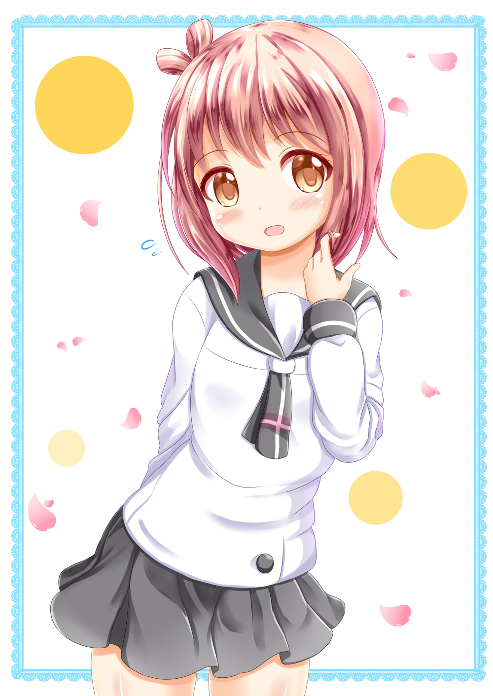 1girl :d arm_behind_back bangs blush brown_eyes brown_hair commentary_request eyebrows_visible_through_hair flying_sweatdrops grey_neckwear grey_skirt hair_between_eyes hair_tousle hand_up head_tilt highres ichinose_hana long_sleeves looking_at_viewer one_side_up open_mouth petals pleated_skirt school_uniform serafuku shirt skirt slow_start smile solo white_shirt zenon_(for_achieve)