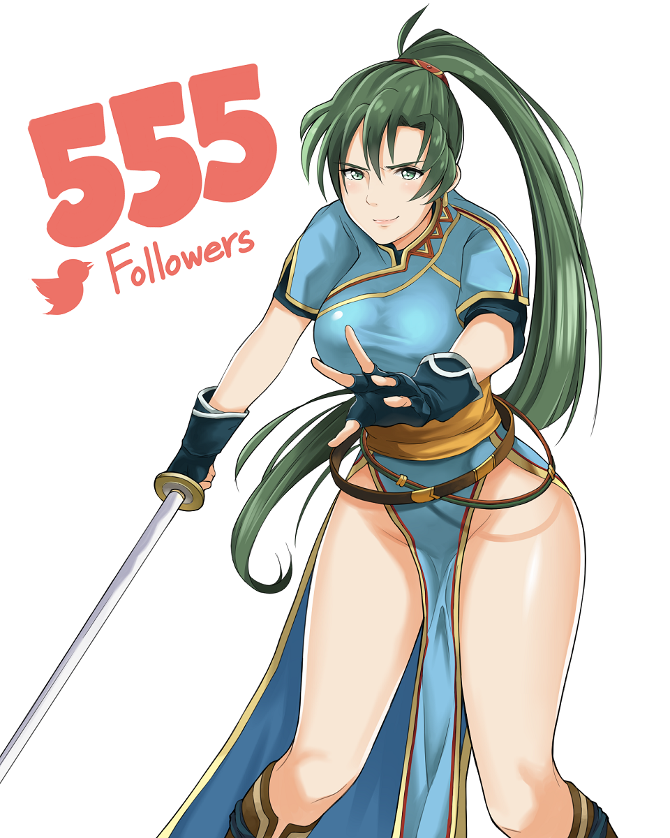 1girl breasts dress fingerless_gloves fire_emblem fire_emblem:_rekka_no_ken fire_emblem_heroes gloves green_eyes green_hair high_ponytail highres j@ck large_breasts long_hair looking_at_viewer lyndis_(fire_emblem) ponytail side_slit simple_background solo sword thighs weapon white_background
