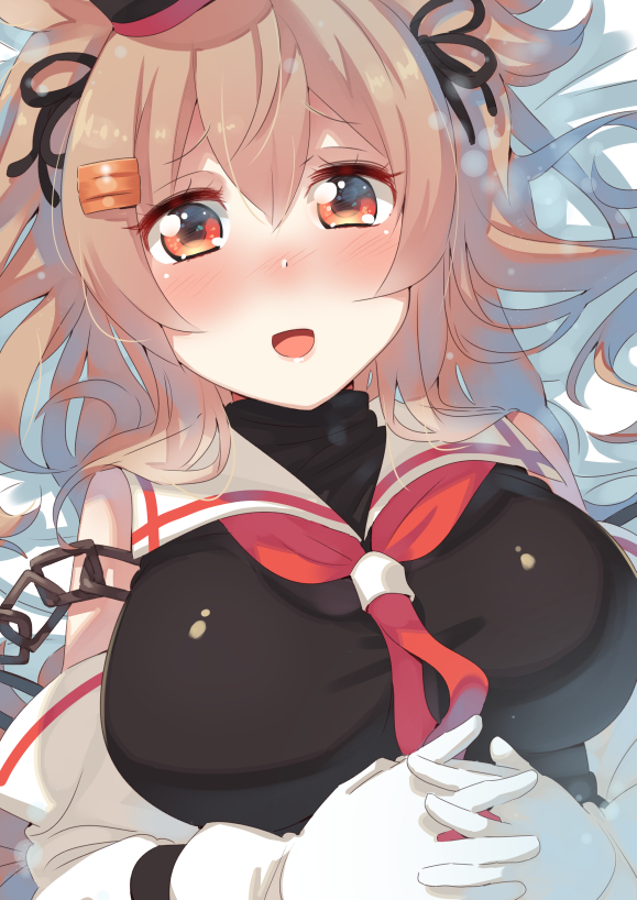 1girl :d bed_sheet black_ribbon breasts chains gloves hair_between_eyes hair_ornament hairclip kantai_collection large_breasts light_brown_hair long_hair murasame_(kantai_collection) neckerchief open_mouth red_eyes red_neckwear remodel_(kantai_collection) ribbon smile solo tonari_no_kai_keruberosu white_gloves