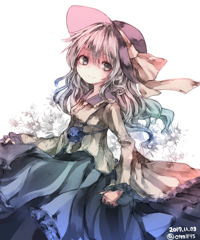 1girl artist_name bangs bow commentary_request dress eyebrows_visible_through_hair flower hair_between_eyes hat hat_bow holding komeiji_koishi long_sleeves looking_at_viewer multicolored multicolored_clothes multicolored_dress multicolored_hair sato_imo simple_background solo touhou translation_request white_background yellow_bow
